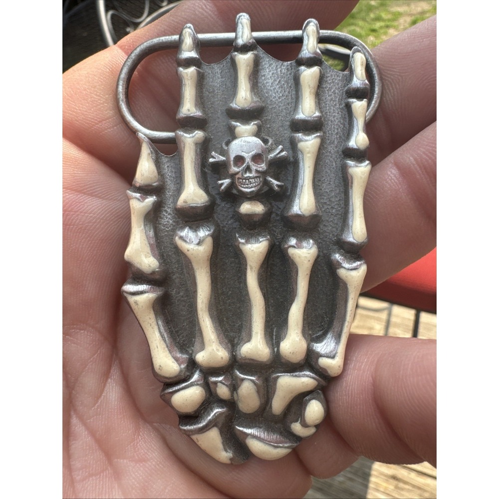 VINTAGE Cool Old Belt Buckle Skull Cross Bones Hand Skeleton Biker